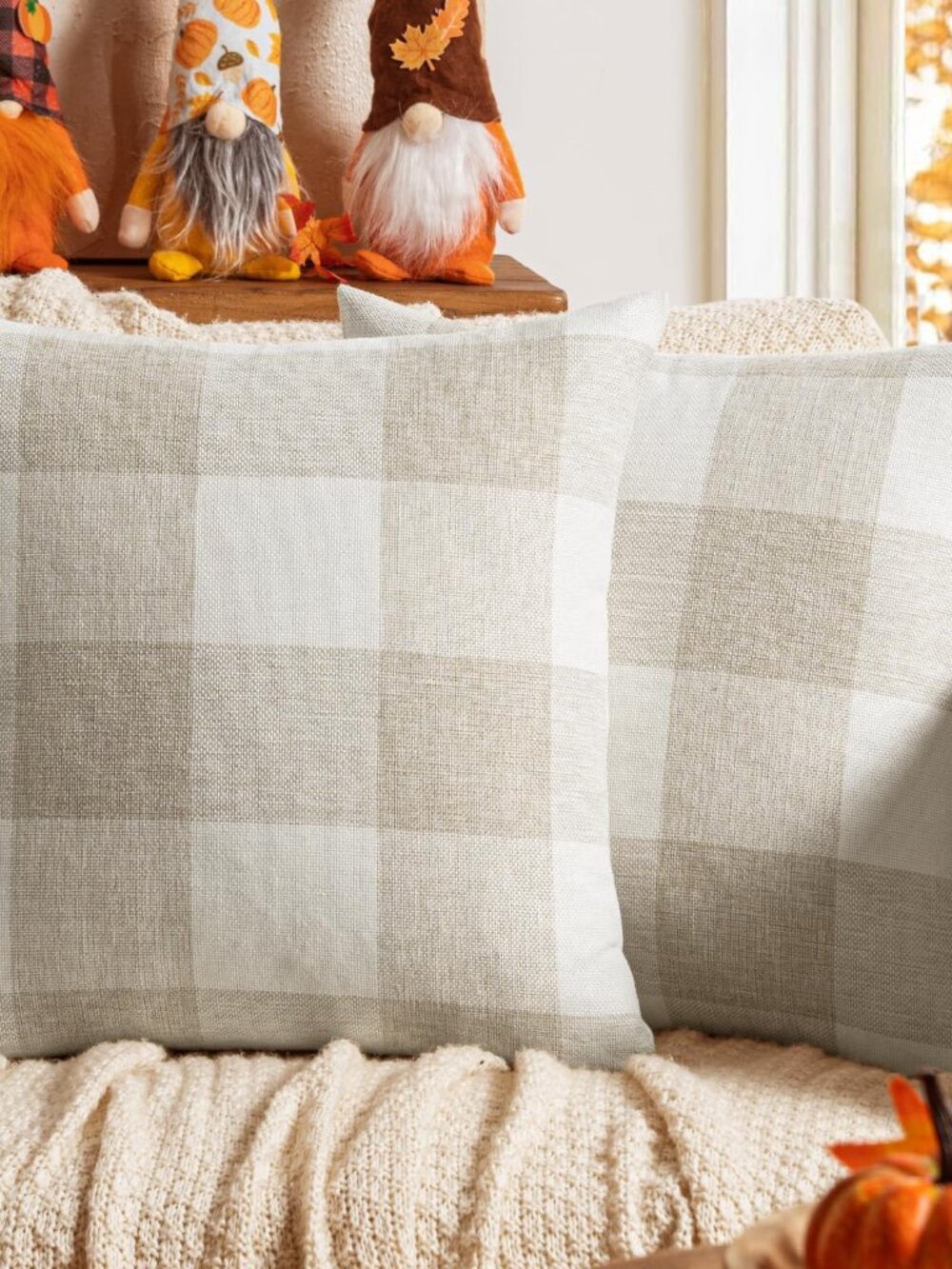 Fall Plaid Pillow Covers 18x18 Cream White and White Pack of 2